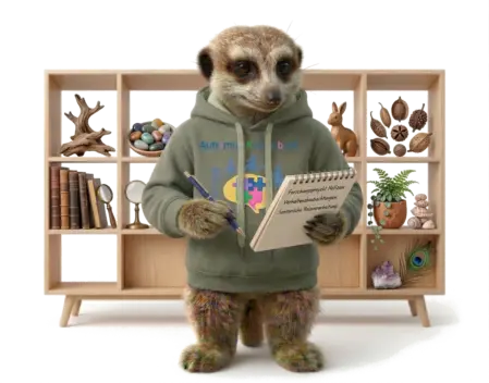 Das Erdmännchen Amiro steht aufrecht vor einem hellen Holzregal. Es trägt seinen olivgrünen Hoodie mit dem bunten „Autismus Kunterbunt“-Logo. An seinen Beinen ist das markante, bunt schimmernde Fell deutlich zu sehen. In den Pfoten hält es einen Kugelschreiber und einen Notizblock mit der Aufschrift: „Forschungsprojekt Notizen: Verhaltensbeobachtungen: Sensorische Reizverarbeitung:“. Im Regal hinter ihm befinden sich sorgfältig angeordnete Naturobjekte wie Steine, Holz, eine Lupe und eine Feder auf weißem Hintergrund.