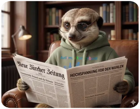 Das Erdmännchen-Maskottchen Amiro im gemütlichen Lese-Look mit Brille und dem originalen Autismus Kunterbunt Hoodie beim Studieren der Schweizer NZZ im Sessel.
