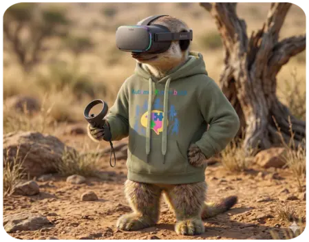 Beschreibung: Ein Erdmännchen-Maskottchen im grünen Kapuzenpullover mit dem Logo von Autismus Kunterbunt trägt ein Virtual-Reality-Headset und hält einen VR-Controller in der Hand. Es steht in einer trockenen, wüstenähnlichen Landschaft.