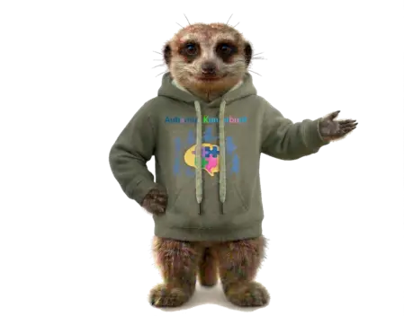 Erdmännchen Amiro im olivgrünen Autismus Kunterbunt Hoodie präsentiert als Fakten-Checker die statistische Relevanz von Autismus in der Region Basel.