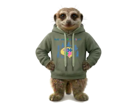 Ein fotorealistisches Erdmännchen namens Amiro, das aufrecht steht und einen olivgrünen Kapuzenpullover trägt. Auf dem Hoodie ist das bunte Logo von „Autismus Kunterbunt“ zu sehen. Das Fell an den Beinen des Erdmännchens ist bunt schimmernd. Es blickt freundlich und direkt in die Kamera vor einem rein weißen Hintergrund.